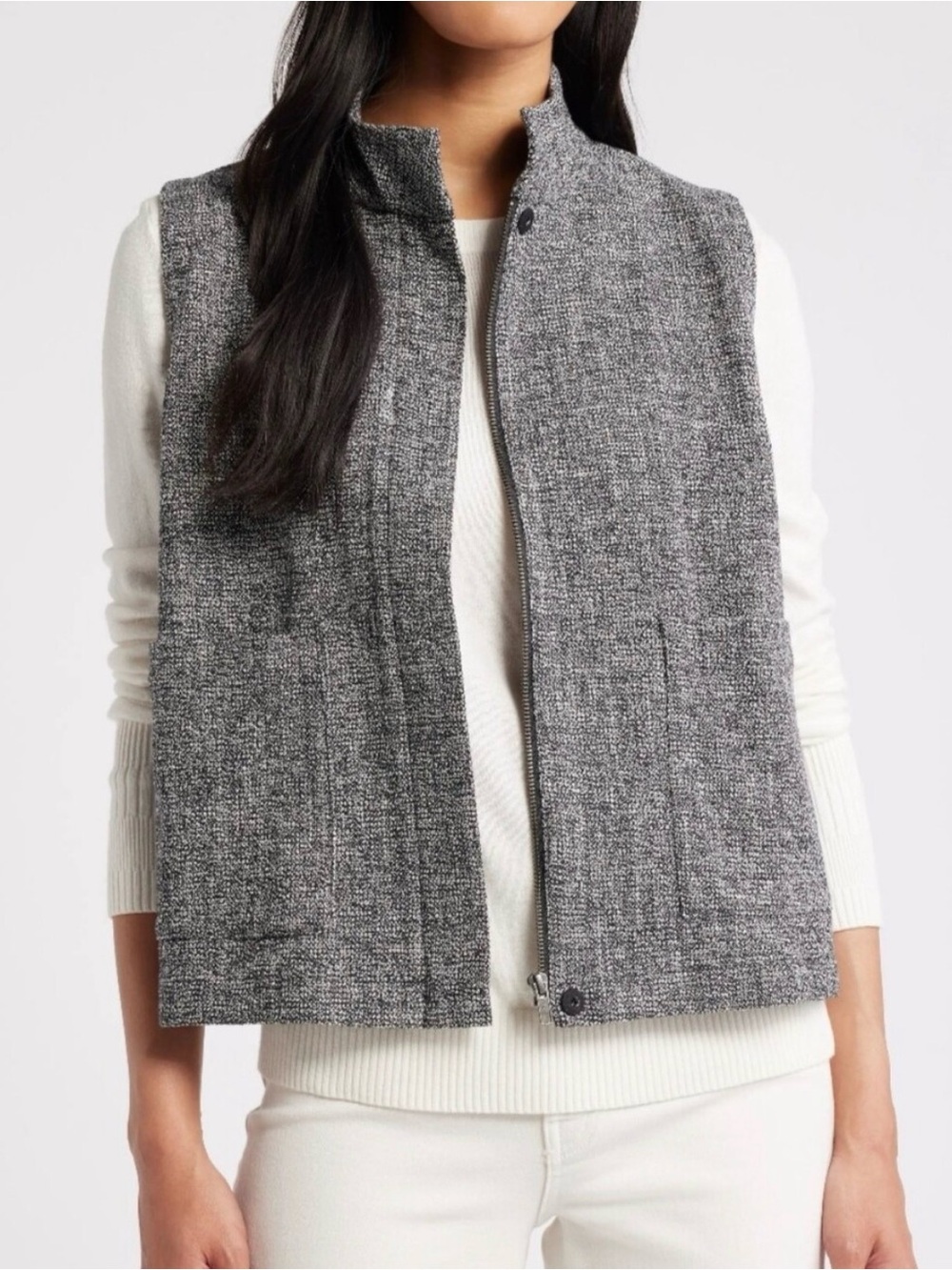 Eileen Fisher Tweed Stand-Collar Zip Vest